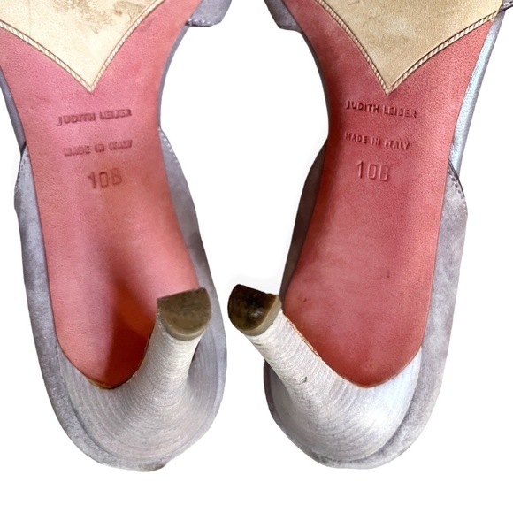 RARE JUDITH LEIBER VIOLET SUEDE & LEATHER JEWEL/FRINGE OPEN TOE HEELS, sz 10B - Picture 13 of 14